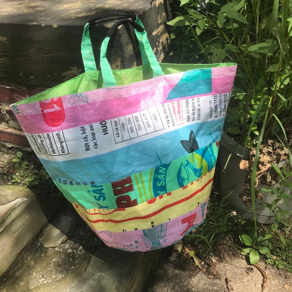 Eco-Art 'Medium Bucket' Striped Recycled Plastic Tote, upcycled rice bag & feed sack handbag, farmers market shopper, reusable trash basket