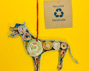 Eco-Art Doggy Dog Ornament, Quilled Paper Christmas Decor, Recycled Handmade Decoration, Mini Wall Art Gift Collectible