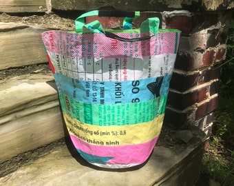 Recycled Eco-Art 'Small Bucket' Striped Tote, upcycled plastic rice bag feed sack, handbag, farmers market shopper, reusable trash basket