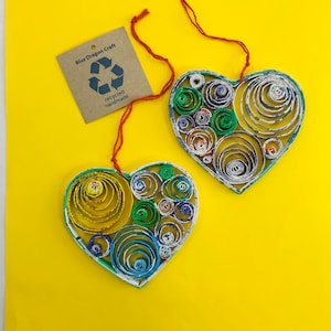 Set of 4, Quilled Heart Ornament, Handmade Recycled Paper Christmas Decor, Valentine’s gift exchange  stocking stuffer, gift tag decor