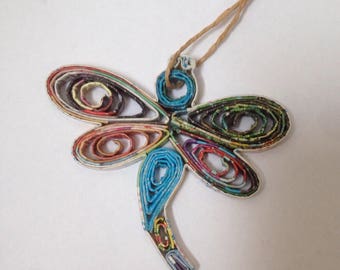 Dragonfly Ornament, Quilled Paper Christmas Ornament, Recycled Paper, Upcycled Decoration, Handmade Gift, Mini Wall Art