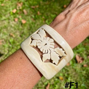 Horn &#39;Gold Flower Power&#39; Wide Cuff Bracelet, hand carved art jewelry, urban tribal trend, handmade boho elegant statement, Free US shipping