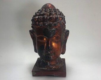 Vintage Wood Buddha Head, gold leaf lacquer temple art, antique religious figurine sculpture statue, Vietnam Asian altar icon, handcarved