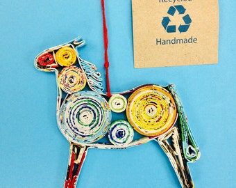 Eco-Art Horse Ornament, Quilled Paper Christmas Ornament, Recycled Paper, Upcycled Handmade Gift, Mini Wall Art, collectible equine statue