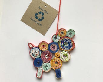 Eco-Art Wooly Sheep Ornament, Quilled Recycled Paper Christmas Lamb, Upcycled Handmade Knitters Gift