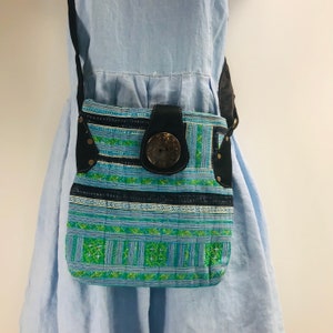 Blue Sky Boho Ethnic Crossbody Bag, Recycled Fabric, handmade hippie handbag, embroidered Hmong Thai Vietnam Hill Tribe*Ships from US*