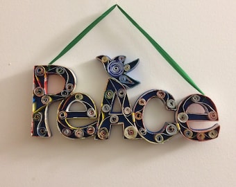 Recycled Paper 'Peace' Wall Art, Handmade Quilled Decor, Fair Trade Upcycled Word Sign Hanging, Christmas Ornament gift under 25