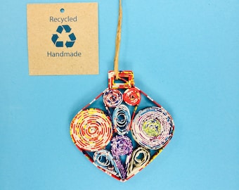 Set of 4, Gem Diamond Christmas Ornaments, Quilled Recycled Paper Gift Upcycled, Handmade origami stocking gift wrap tag