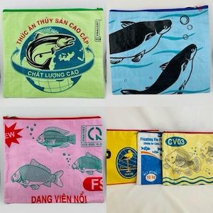 Eco-Fun Recycled Makeup Bag, 10"x11.75", handmade upcycled rice feed sack, travel toiletry zipper pouch, lunch envelope