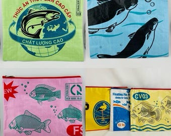 Eco-Fun Recycled Makeup Bag, 10"x11.75", handmade upcycled rice feed sack, travel toiletry zipper pouch, lunch envelope