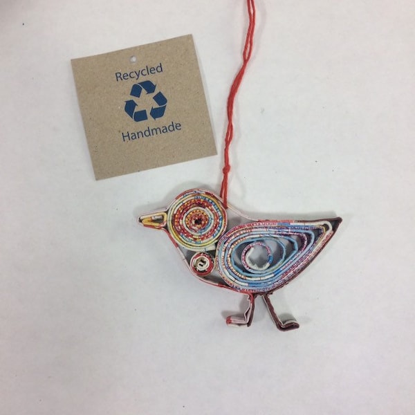 Eco-Art Little Standing Bird Ornament, Quilled Paper Sandpiper Christmas Ornament, Recycled Paper, Upcycled Handmade Gift, Mini Wall Art