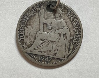 Silver ' 10 Cent' French Centime Coin Pendant, vintage hill tribe necklace, Republic Francaise Indo-Chine 1937, Vietnam Hmong antique