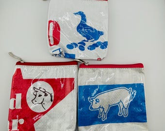 Eco-Art Recycled Plastic Zipper 5"x5" Pouch, handmade upcycled rice bag & feed sack, travel makeup cosmetic case, coin bag, charger wallet