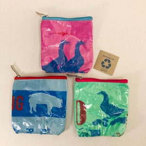 Eco-Art Recycled Plastic Zipper 5x5 Pouch, handmade upcycled rice bags & feed sacks, travel makeup cosmetic case, coin bag, charger wallet