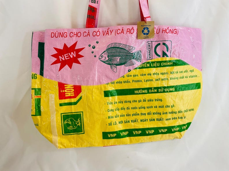 Eco-Art XL Large 'Fishy Fun' Tote Bag, Recycled plastic reusable farmers market grocery bucket pink fish w yellow