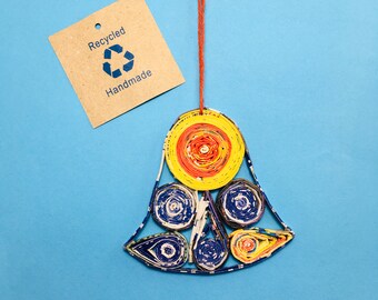 Christmas Bell Quilled Ornament, Handmade Recycled Paper Gift Upcycled stocking stuffer gift under 10