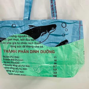 May include: A blue and green reusable tote bag with a fish graphic and the text "TH&Agrave;NH PHẦN DINH DƯỠNG" and a list of nutritional information. The bag is made from recycled plastic.