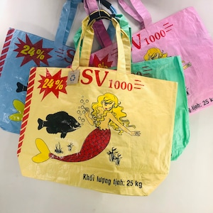 Recycled Eco-Art XL Large Mermaid Shoulder Bag Tote, upcycled plastic rice bag & feed sack, handmade farmers market gym beach bucket shopper