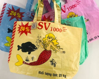 Recycled Eco-Art XL Large Mermaid Shoulder Bag Tote, upcycled plastic rice bag & feed sack, handmade farmers market gym beach bucket shopper