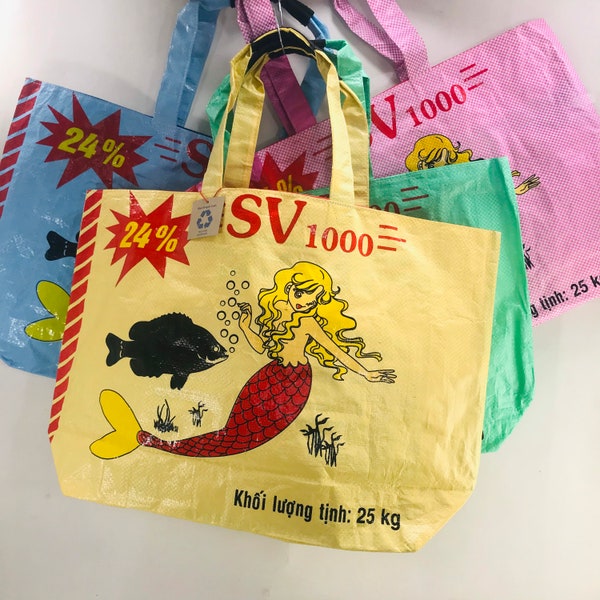 Recycled Eco-Art XL Large Mermaid Shoulder Bag Tote, upcycled plastic rice bag & feed sack, handmade farmers market gym beach bucket shopper