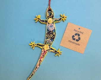 Eco-Art 'Gecko' Lizard Ornament, Quilled Paper Christmas Gift, Recycled Paper, Upcycled Handmade Origami, personalize w charm 2021, heart