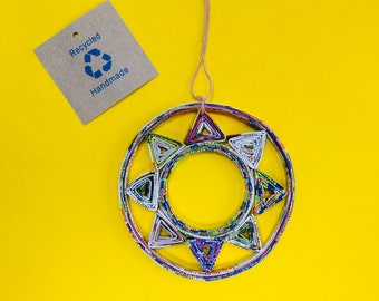 Eco-Art Sun Star Ornament, Quilled Recycled Paper Christmas, handmade geometric sunflower origami