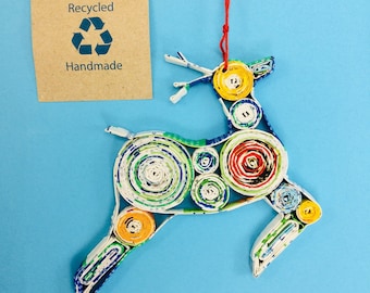 Eco-Art Deer Decoration, Handmade Quilled Recycled Paper Christmas Ornament Reindeer