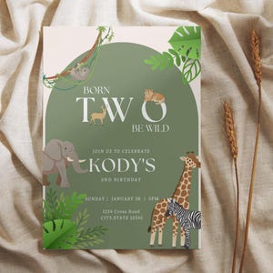 Editable Born Two Be Wild Birthday Invitation | 2nd Birthday Canva Template | Digital Safari Animal Invite | Editable Download