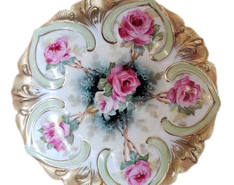 Antique hand-painted R S Prussia dish, signed, made 1892-1910, fine porcelain display plate with pink roses, gold rim, Victorian china