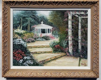Framed Oil Painting of Garden Scene