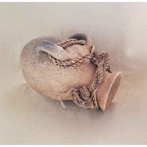 Rustic pottery vessel with two handles & rope, handmade primitive pottery, wood fired clay vessel, lay-down jar