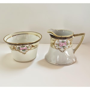 Antike Noritake Zucker und Milchkännchen mit gold moriage und handbemalten Rosen