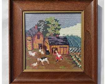 Vintage Handcrafted Needlepoint Wall Art, Finished and Framed
