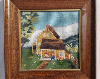 Vintage needlepoint wall art, handcrafted embroidery of country house in summer, finished and framed