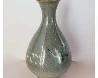 Handmade celadon bottle with cranes and clouds design, vintage Korean Buncheong stoneware vase