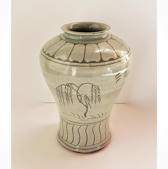 Handmade Celadon Buncheong Vase with Willow Design