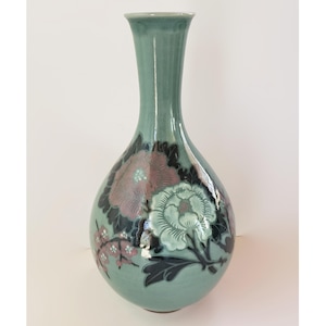 Hand-Crafted Celadon Stoneware Bottle with Pink Peonies