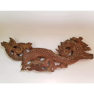 Antique hand-carved dragon, wood folk art, architectural fragment, 20.5 inches long