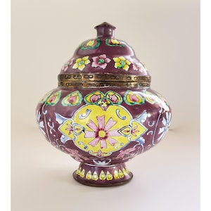 Small enameled ginger jar with lid, brilliant colors, hand painted vintage jar