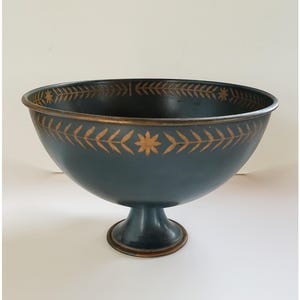 Tole ware bowl, pedestal bowl in blue and gold