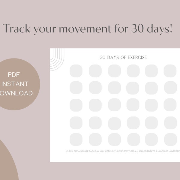 30 Days of Exercise PDF Tracker; Workout Tracker; 30 Days of Movement; New Year's Resolution; Exercise Challenge; Workout PDF Printable