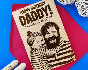 Custom Dad Portrait • Personalized Birthday Greeting Card • Laser Engraved Wooden Card with Red Envelope • Gift from Family