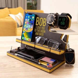 Desk Organizer, Wood Personalized Docking Station for Cell Phone, Tablet,Wallet, Essentials,Storage Stand Work Desk,Nightstand,Gifts for Men