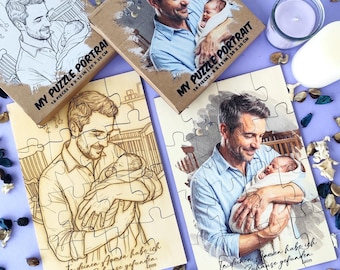 Personalized Photo Jigsaw Wooden Puzzle with Custom Portrait Line Art or Printed Photo Portrait, Personalized Names, Vatertag Geschenk Papa