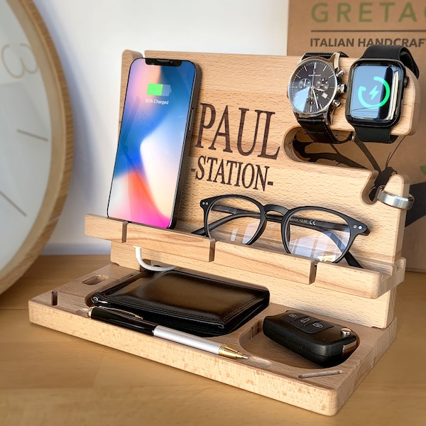 Wood Personalized Docking Station for Cell Phone, Tablet, Wallet, Gadgets, Watch, Keys, Accessories, Desk Organizer, Gifts for Men