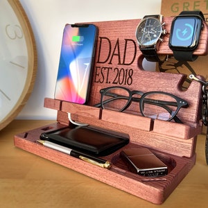 Wood Personalized Docking Station for Cell Phone, Tablet, Wallet, Watch, Keys, Accessories, Desk Organizer, Gifts for Men Deep Maroon image 1