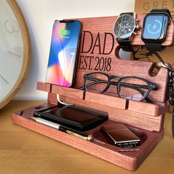 Wood Personalized Docking Station for Cell Phone, Tablet, Wallet, Watch, Keys, Accessories, Desk Organizer, Gifts for Men (Deep Maroon)