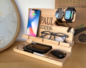 Wood Personalized Docking Station for Cell Phone, Tablet, Wallet, Gadgets, Watch, Keys, Accessories, Desk Organizer, Gifts for Men