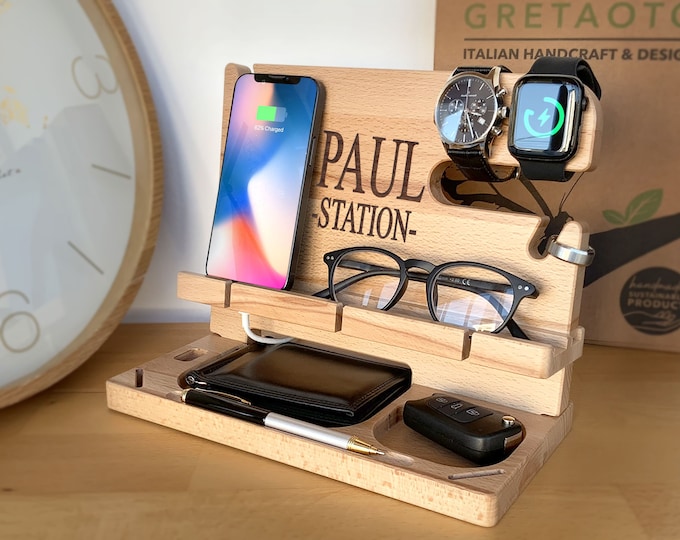 Wood Personalized Docking Station for Cell Phone, Tablet, Wallet, Gadgets, Watch, Keys, Accessories, Desk Organizer, Gifts for Men