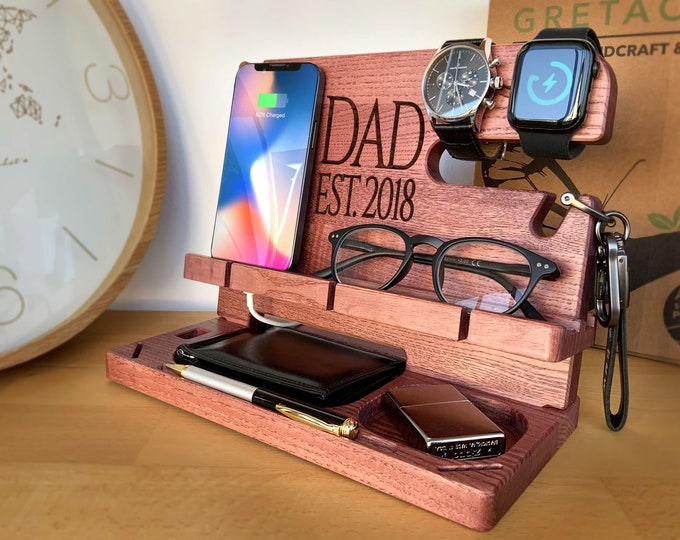Wood Personalized Docking Station for Cell Phone, Tablet, Wallet, Watch, Keys, Accessories, Desk Organizer, Gifts for Men (Deep Maroon)